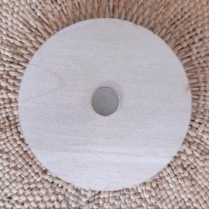 May include: A round, wooden disc with a small, silver, round magnet in the center.