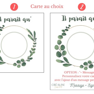 May include: Two printable cards with a green wreath design. The text on the cards reads "Il parait qu'" and "Option: + Message".  The second card has the text "Personnalisez votre carte avec l'ajout d'un message personnel" and "Message + Signature".
