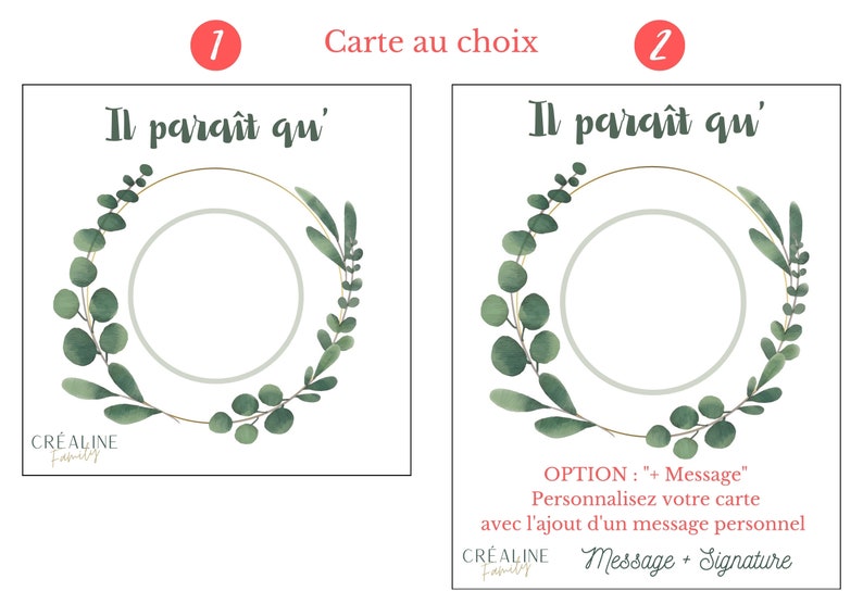 May include: Two printable cards with a green wreath design. The text on the cards reads "Il parait qu'" and "Option: + Message".  The second card has the text "Personnalisez votre carte avec l'ajout d'un message personnel" and "Message + Signature".