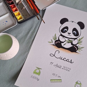 Póster del nacimiento de un panda, coloreado a mano con acuarela.