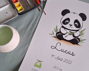 Panda birth poster, hand colored with watercolor