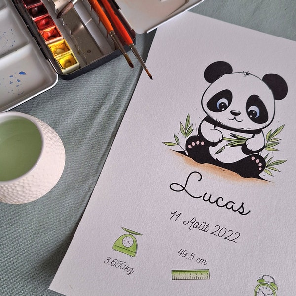 Affiche de naissance Panda, colorée à la main à l'aquarelle