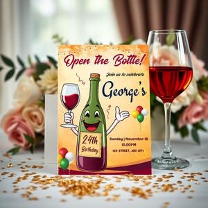 Bearbeitbare Wein Flasche Geburtstagseinladung | Lustige 24.Geburtstags-Party einladen | Wein-Feier-Karte | Sofort Download