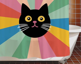 Black Cat Shower Curtain for Bathroom, Rainbow Machine Waterproof Shower Curtains with 12 Hooks, Customizable Sizes Curtains for Home Decor