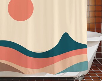 Sun Sky Shower Curtain, Abstract Landscape Curtain for Bathroom, Machine Waterproof Shower Curtains with 12 Hooks, Customizable Sizes