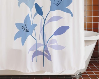 Blue Flower Shower Curtain for Bathroom, Machine Waterproof Shower Curtains with 12 Hooks, Customizable Sizes Curtains for Home Decor