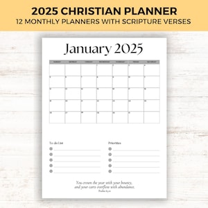 Planificador cristiano imprimible para el año 2025, mensual, semanal, diario, de fe, tamaño carta A4, calendario de versículos bíblicos, calendario de las Escrituras