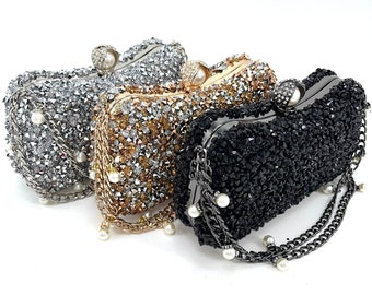 Evening Bag , Evening Clutch, Black Gold Silver Crystal Stone Bag, Fancy Tassel Clutch Bag, Dinner Luxury Clutch Purse