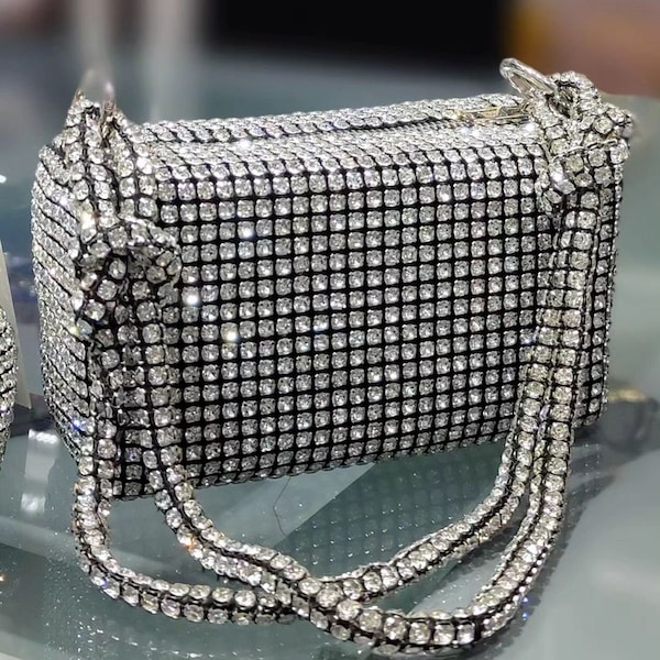 Luxury Grey Silver Bag for Weddings, Sparkly Silver Evening Bag Clutch, Shiny Crystal Handbag, Fancy Party Purse