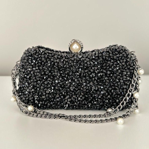 Shiny Black Crystal Evening Clutch Bag with Pearl Chain Detailed, Black Stone Clucth, Luxury Bridal Bag , Fancy Party Purse, Bag for Wedding