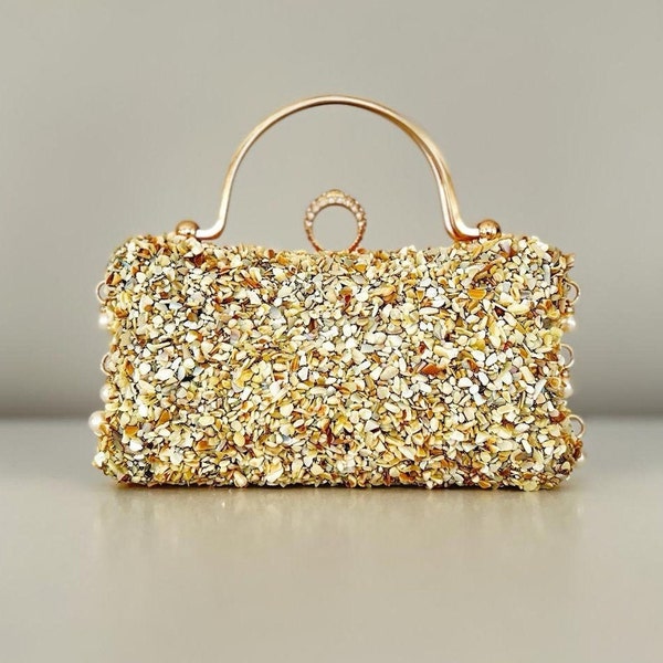 Luxury Gold Beige Natural Stone Detailed Evening Bag Clutch, Sparkly Bag for Weddings, Shiny Crystal Handbag with Chain, Fancy Party Purse