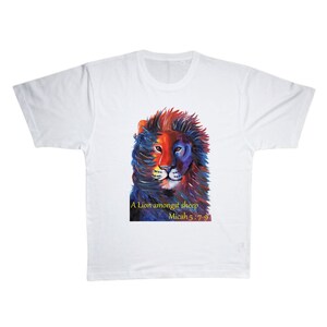 A Lion amongst sheep. Micah 5:7-9. Christian T-shirt By Faithful and True writing.