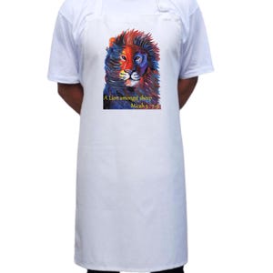 A Lion amongst sheep. Micah 5:7-9. Christian apron by Faithful and True writing.
