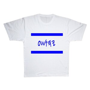 May include: White t-shirt with two blue horizontal stripes and the word "OWF72" written in blue.