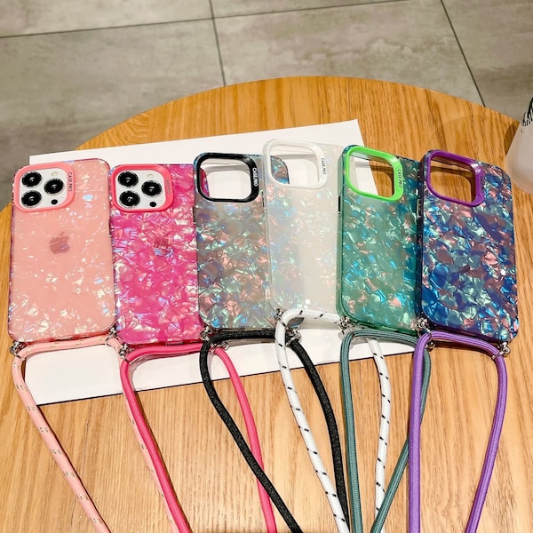 Rk Luxury Crossbody Strap Lanyard Shiny Colorful Marble Silicone Phone Case for iPhone 11 12 13 14 15 Pro Max X XR XS 7 8 Plus SE