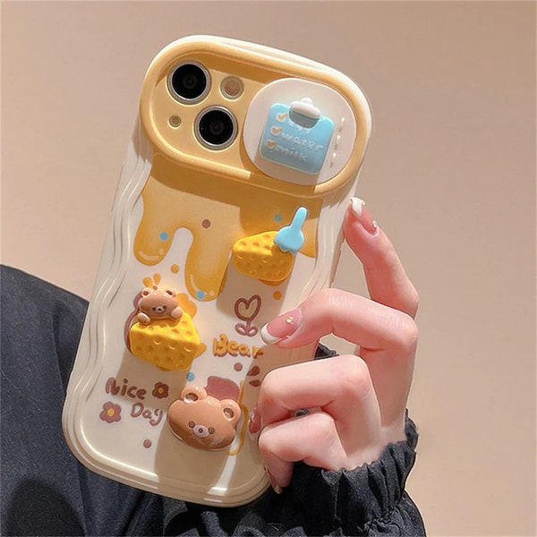 Rk Cute 3D Bear and Cheese with Camera Sliding Protector Phone Case for iPhone 11 12 13 14 15 Pro Max 14 15 Plus X XS XR 7 8 Plus