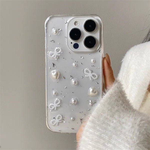 Rk 3D Silver Pearl and Bow Clear Silicone Phone Case for iPhone 11 12 13 14 15 Pro Max MiNi XS Max XR X 7 8 Plus