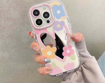 Rk Cute Colorful Flowers with Heart Mirror Silicone Phone Case for iPhone 11 12 13 14 15 Pro Max