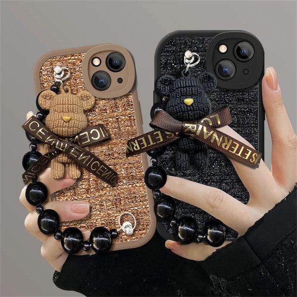 Rk Korean Cute Bear Woolen Lattice Soft Case with Wrist Chain for iPhone 15 14 13 12 Pro Max 11 X XS XR