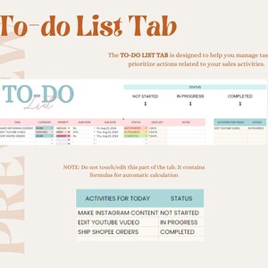 May include: A to-do list tab with a pink and blue color scheme. The tab is designed to help manage tasks and prioritize actions related to sales activities. The tab includes a section for activities for today, with tasks such as "Make Instagram Content", "Edit YouTube Video", and "Ship Shopee Orders".