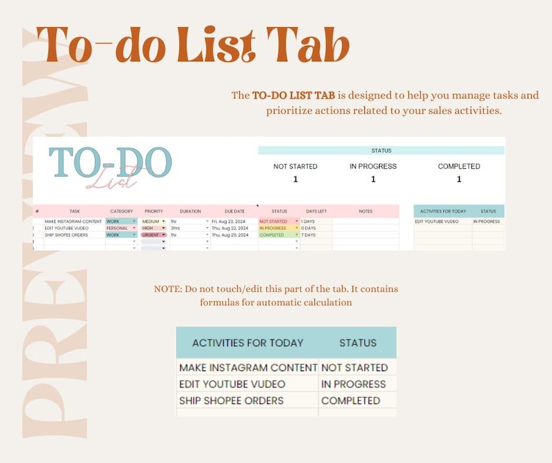 May include: A to-do list tab with a pink and blue color scheme. The tab is designed to help manage tasks and prioritize actions related to sales activities. The tab includes a section for activities for today, with tasks such as "Make Instagram Content", "Edit YouTube Video", and "Ship Shopee Orders".
