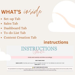 May include: A digital download of a spreadsheet with instructions for use. The spreadsheet is designed for Google Sheets and includes tabs for set-up, sales, dashboard, to-do list, and content creation.