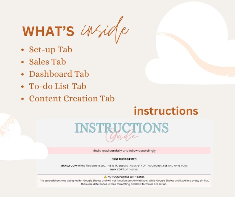 May include: A digital download of a spreadsheet with instructions for use. The spreadsheet is designed for Google Sheets and includes tabs for set-up, sales, dashboard, to-do list, and content creation.