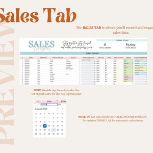 May include: A pink and white sales tracker spreadsheet with a calendar and a note that says "Double tap the cells under the DATE COLUMN for the Pop-up Calendar". The spreadsheet has columns for date, ID/Ref, name of buyer, source, product/service, amount, fees, total income, status, and payment method. The overall totals are 8 total orders and P3,692 total sales.