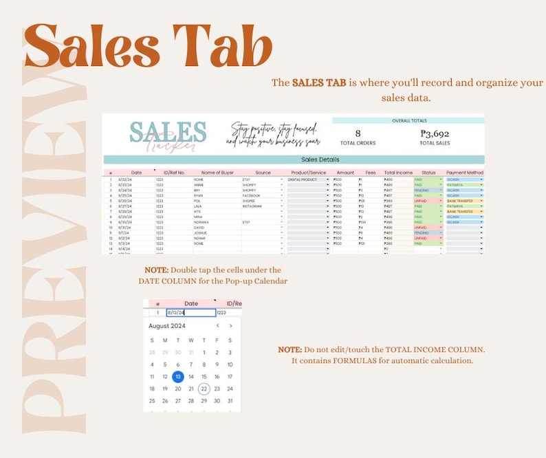 May include: A pink and white sales tracker spreadsheet with a calendar and a note that says "Double tap the cells under the DATE COLUMN for the Pop-up Calendar". The spreadsheet has columns for date, ID/Ref, name of buyer, source, product/service, amount, fees, total income, status, and payment method. The overall totals are 8 total orders and P3,692 total sales.