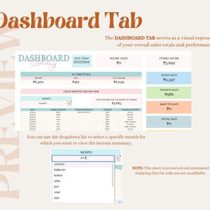 May include: A pink and blue dashboard template for tracking income and sales. The template includes sections for overall income, cash sales, PayMaya sales, Raket PH sales, and PayPal sales. The template also includes a dropdown menu to select a specific month for viewing income summary. The text "DASHBOARD" is in a pink box with a white background. The text "DATE TODAY" is in a blue box with a white background. The text "ALL TIME TOTALS" is in a blue box with a white background. The text "CHECK MONTHLY INCOME HERE" is in a pink box with a white background. The text "TOTAL INCOME FOR THE MONTH OF AUGUST" is in a blue box with a white background. The text "MONTH" is in a blue box with a white background. The text "NOTE: This sheet is protected and automated implying that the cells are not modifiable." is in a brown box with a white background.