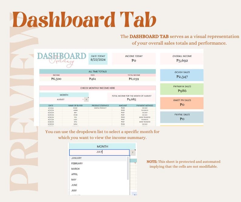 May include: A pink and blue dashboard template for tracking income and sales. The template includes sections for overall income, cash sales, PayMaya sales, Raket PH sales, and PayPal sales. The template also includes a dropdown menu to select a specific month for viewing income summary. The text "DASHBOARD" is in a pink box with a white background. The text "DATE TODAY" is in a blue box with a white background. The text "ALL TIME TOTALS" is in a blue box with a white background. The text "CHECK MONTHLY INCOME HERE" is in a pink box with a white background. The text "TOTAL INCOME FOR THE MONTH OF AUGUST" is in a blue box with a white background. The text "MONTH" is in a blue box with a white background. The text "NOTE: This sheet is protected and automated implying that the cells are not modifiable." is in a brown box with a white background.