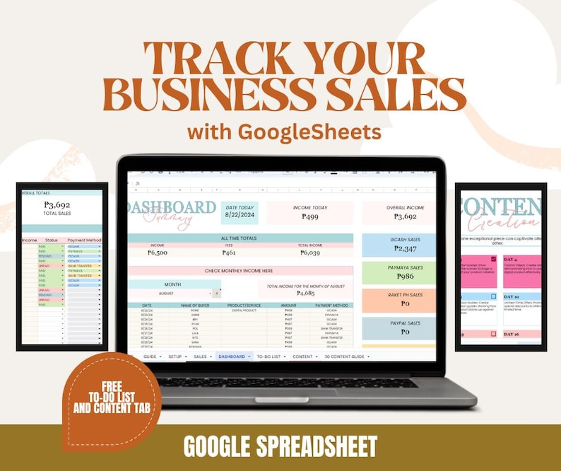 May include: A laptop computer screen displaying a Google Sheets spreadsheet with a business sales dashboard. The spreadsheet includes sections for income, sales, and content creation. The dashboard is designed to track business sales and income. The spreadsheet is titled "Dashboard" and includes a date of 8/22/2024. The spreadsheet is free to download and includes a to-do list and content tab.