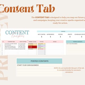 May include: A pink and blue content tracker spreadsheet with the title "Content Tracker". The spreadsheet is divided into columns for content idea, date to post, where to post, status, notes, and posted contents. The spreadsheet is designed to help users map out future posts and campaigns.
