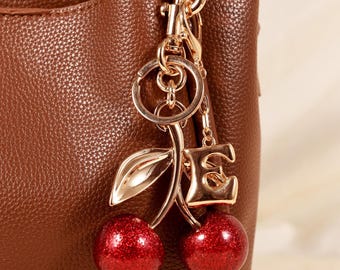 Red Cherry Bag Charm With Letter, Red Glitter Cherry Keychain, Initial Bag Accessory, Purse Charm, Bridesmaid Gift