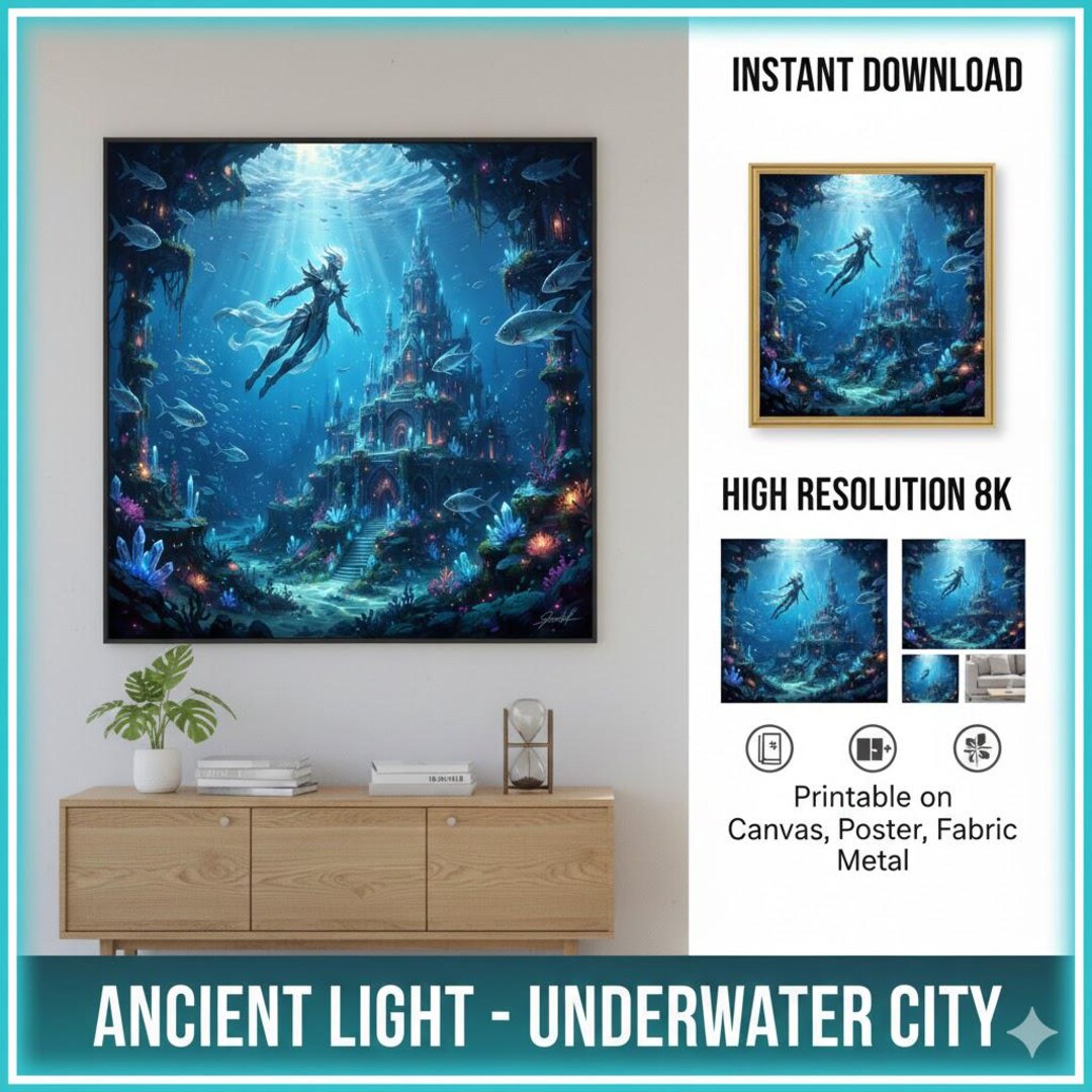 Underwater City Poster, Fantasy Mermaid Wall Art, Ocean Kingdom Art ...