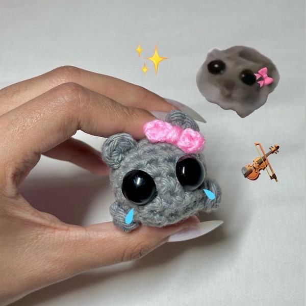 Sad Hamster TikTok Viral Trend Meme Coquette Small Keychain Crochet Handmade Amigurumi Animal Cute Kawaii Plushie Mini Big Eye Gray Bow