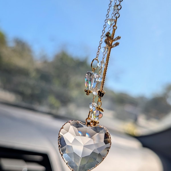 Crystal Heart Rear View Mirror Sun Catcher, Dainty Crystal Charm Car Accessory, Romantic Hanging Car Decor, Valentine Gift