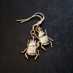 May include: Gold-toned earrings featuring a pair of detailed beetle charms. The beetles have a textured, ribbed surface and are suspended from delicate gold-toned hooks.