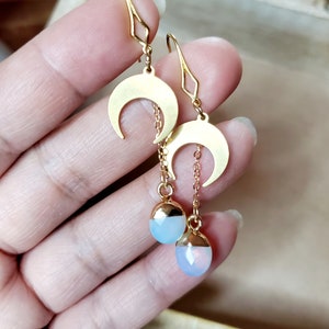 Moon Dangle Earrings with Opalite, Star Dangle Earrings, Dainty Earrings,  Celestial Jewelry