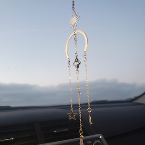 Celestial Car Charm, Brass Moon and Star, Purple Quartz Crystal