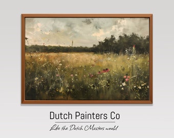 Rustiek weide digitaal schilderen, vintage veldlandschap, instant download artwork, afdrukbare landscène, boerderij decor kunst aan de muur