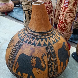 Hand Carved African Gourd | Big Five Safari Animals Home Decor