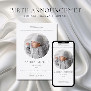 Plantilla editable de Canva para anuncio de nacimiento de bebé musulmán, tarjeta de nacimiento islámica personalizada, editable e imprimible.