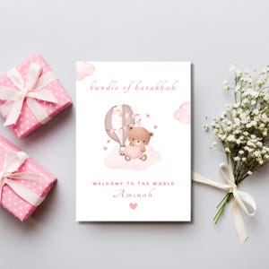 Gepersonaliseerde islamitische nieuwe babymeisje, moslim nieuwe babykaart, Welcome To The World-kaart, Bear Baby Card gepersonaliseerd, Aqeeqah-kaart