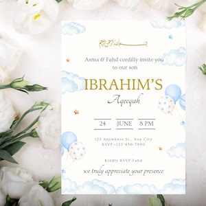 Invitación personalizada para niño (Aqeeqah), anuncio de evento musulmán, anuncio de nacimiento de niño, anuncio de nacimiento islámico, plantilla de Canva