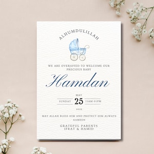 Muslim Baby Boy Birth Announcement Editable Canva Template, Personalised Newborn Announcement,  Editable, Printable Islamic Bith Card