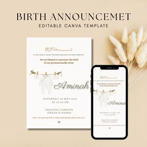 Muslim Baby Girl Birth Announcement Editable Canva Template, Personalised Newborn Announcement, Editable, Printable Islamic Birth Card
