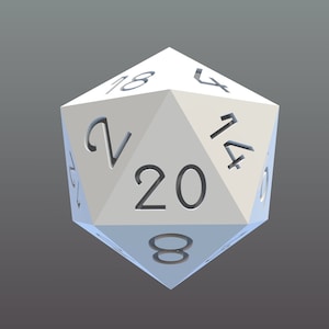 May include: A white twenty-sided die with black numbers. The die is showing the number 20.