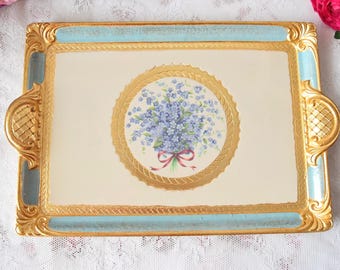 Rectangular Ottoman Tray with Handles, Blue Gold Serving Surface, Italian Florentine Style