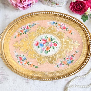Florentine Serving Tray with Handles – Oval Italian Metal Frame Tray with Roses, Pink Background and Gold Baroque Motif